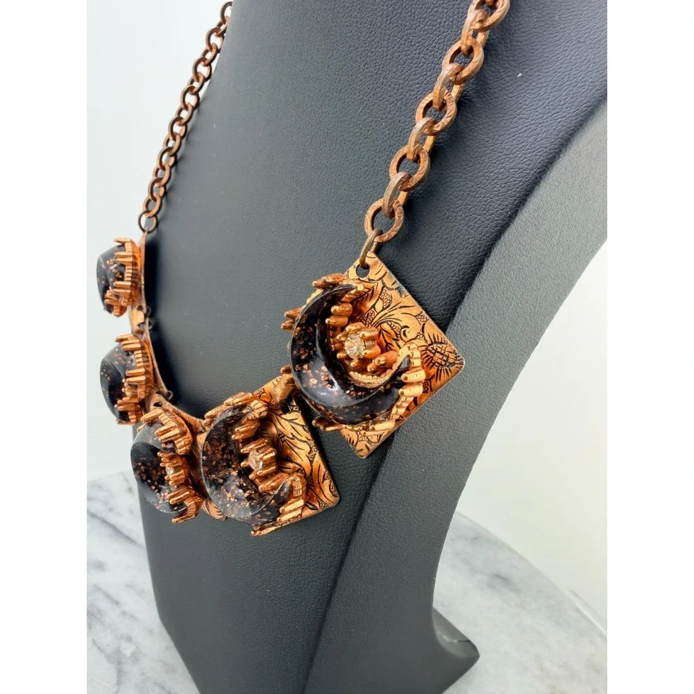 1950s Copper Tone Celestial Bib Necklace Black Confetti Lucite Moons, Whimsigoth - Picture 7 of 15